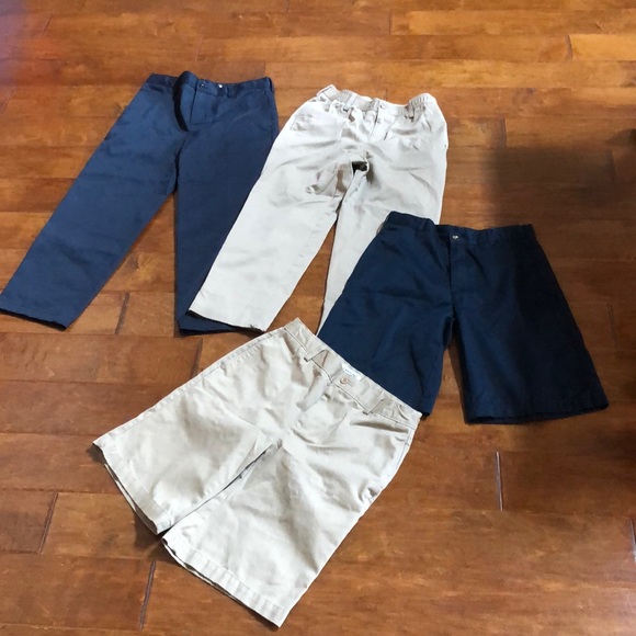 Boys 16 Lands End Chino Pants Shorts Uniform LOT Navy Blue Khaki Tan Chino - Picture 1 of 13
